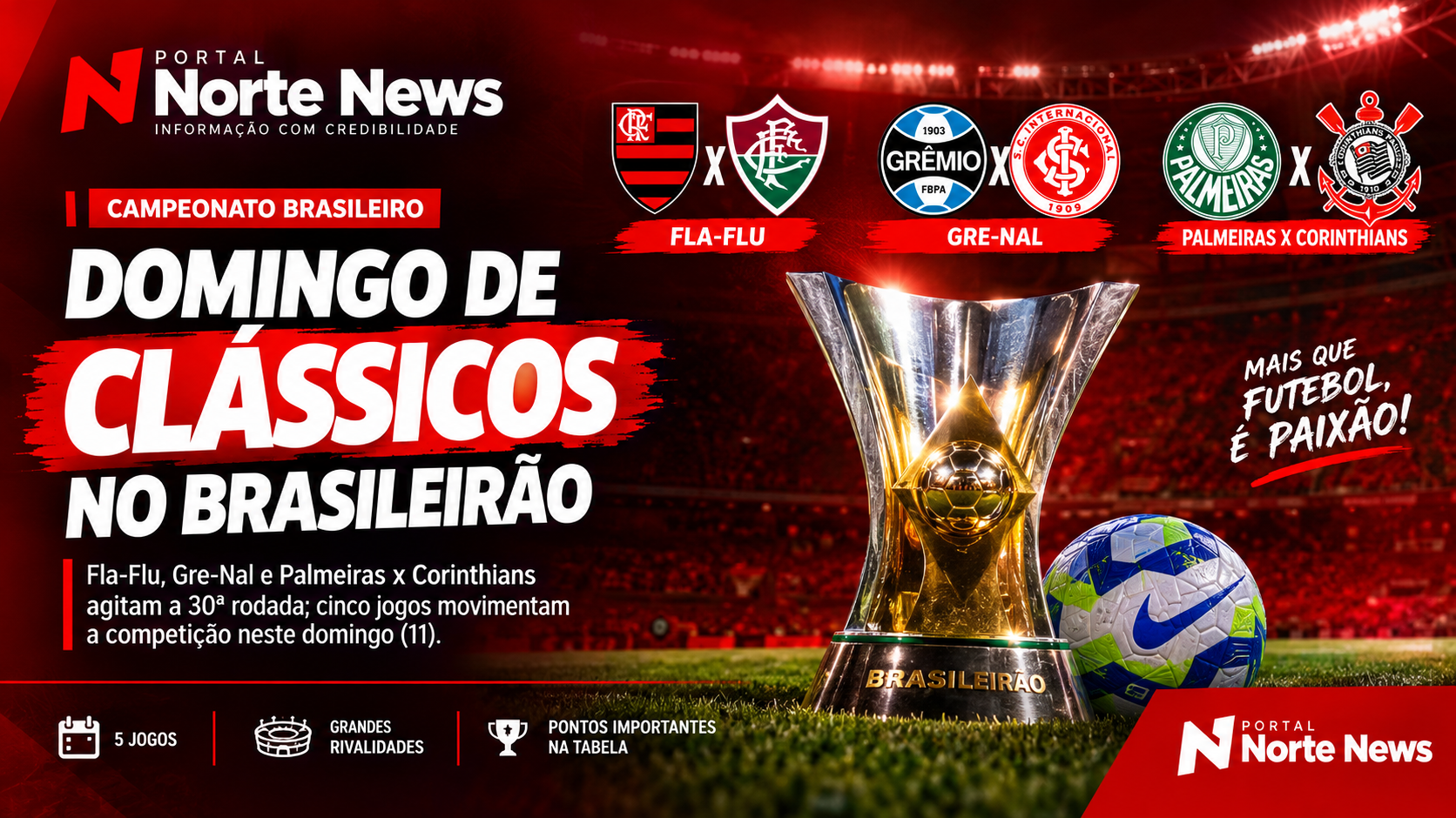 Brasileirão hoje: domingo tem Fla-Flu, Gre-Nal e Palmeiras x Corinthians