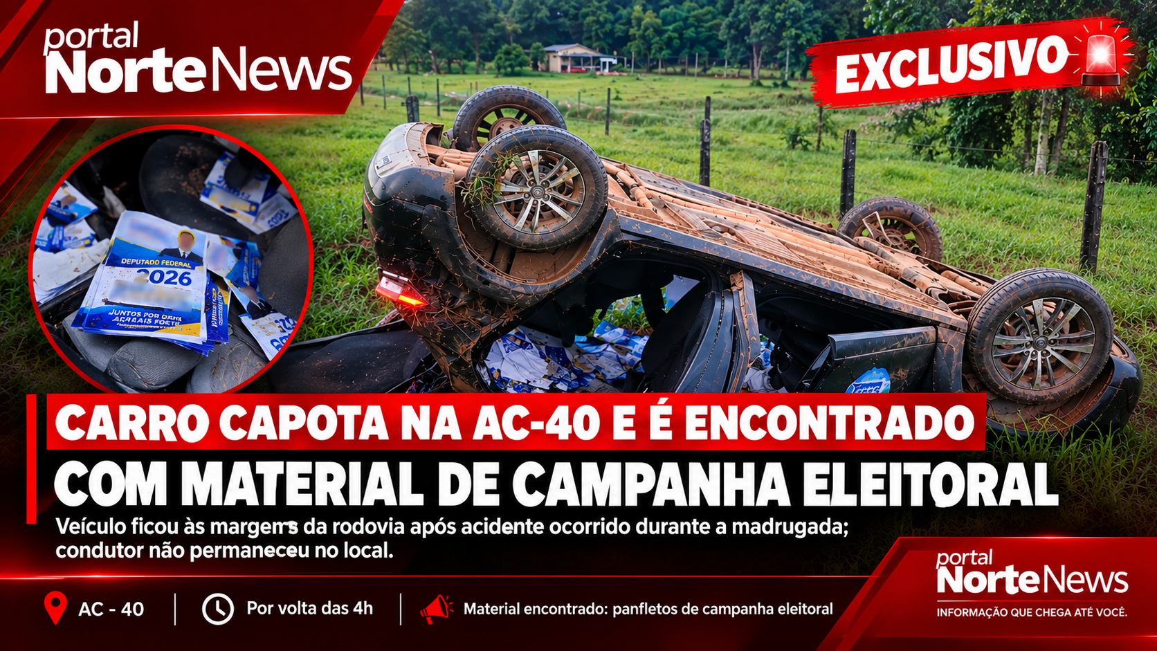 Carro capota na AC-40 e veículo tinha panfletos eleitorais no Acre