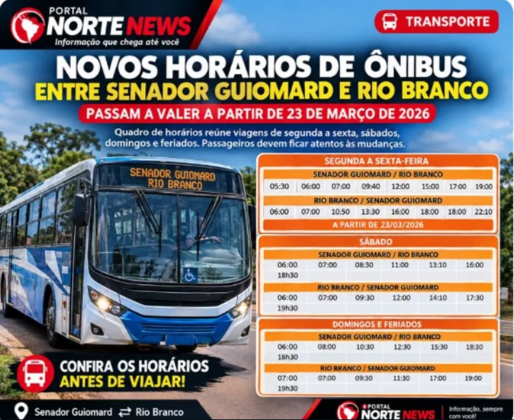 Transporte intermunicipal: confira a nova tabela de horários dos ônibus entre Senador Guiomard e Rio Branco